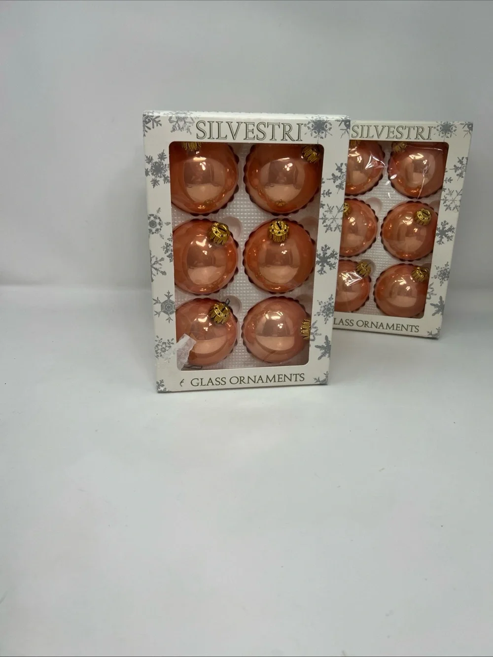 SILVESTRI Rose Gold Peach Glass Ball Christmas Ornaments 3 Boxes 6 Per Box Vtg